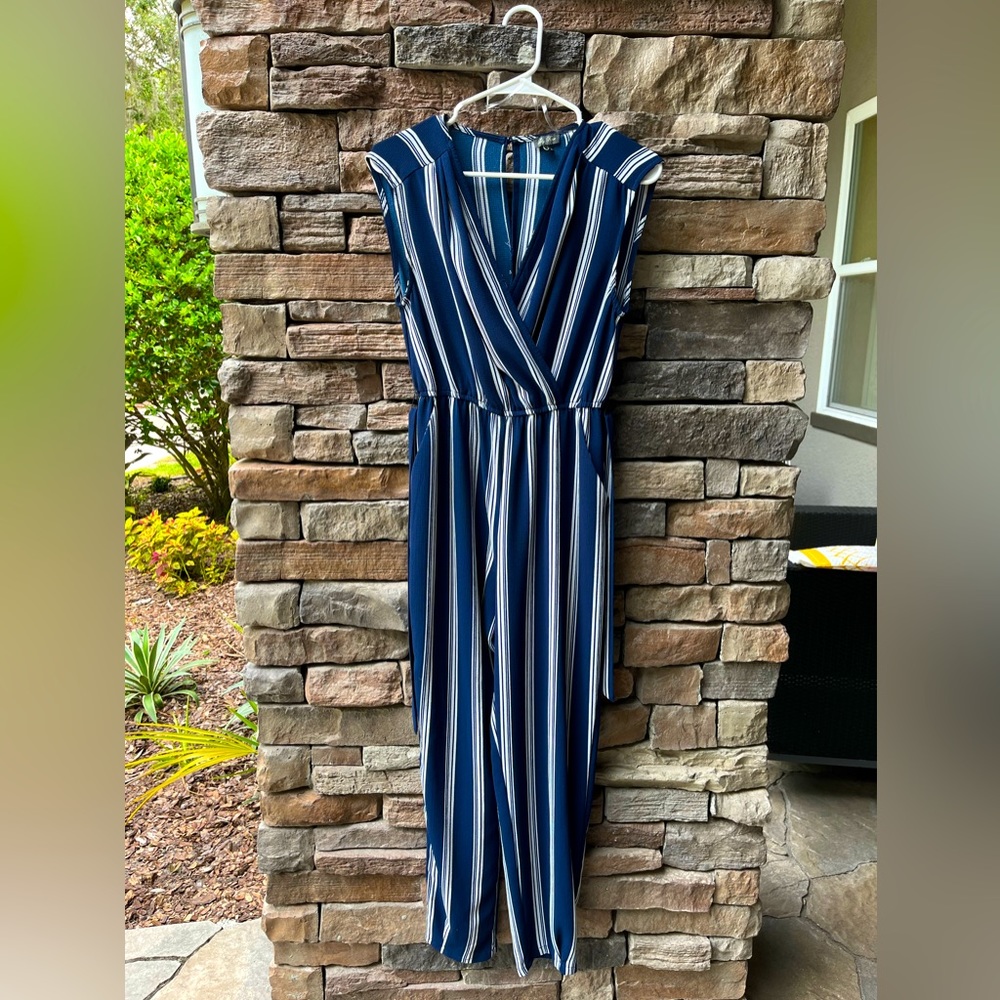 Lily Rose Stripped Navy White Jumpsuit with Belt Casual Office Summer